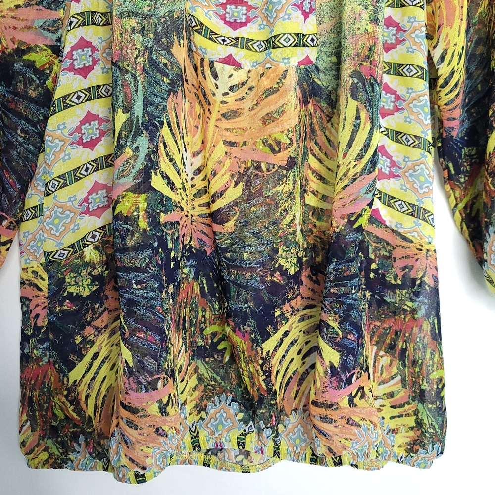 FIG & FLOWER Women's Boho Print Semi Sheer Blouse PETITE LARGE - Picture 7 of 14